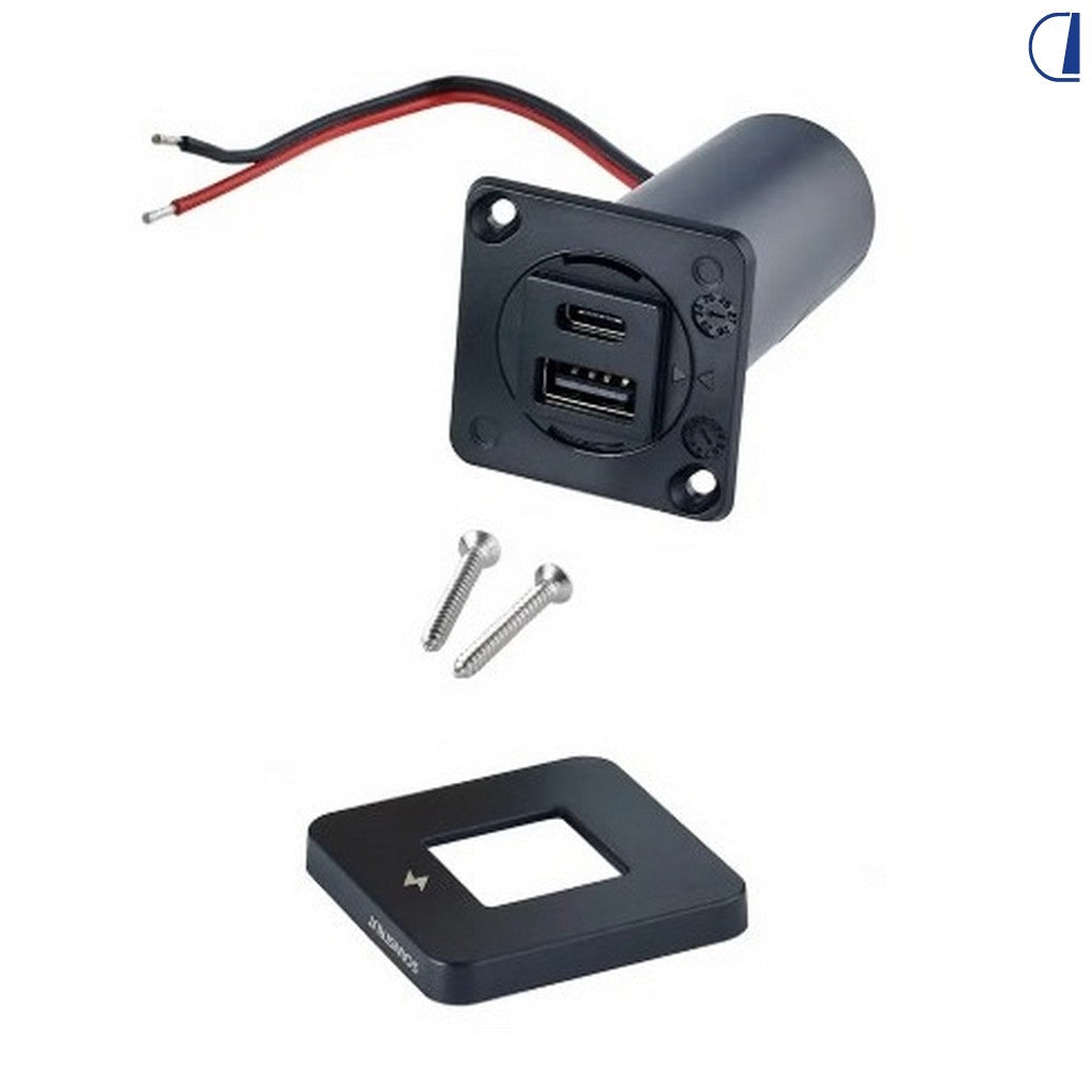 Di-Tec Presa USB-A e USB-C a giorno 12/24V nero cornice 43x43 mm