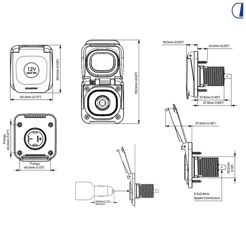 Di-Tec Presa 12V 10A da esterno per camper Serie Ventura IP68/IP69K