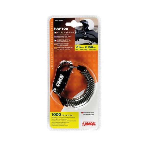 Candado antirrobo Lampa Raptor con cable en espiral - 150 cm 90595