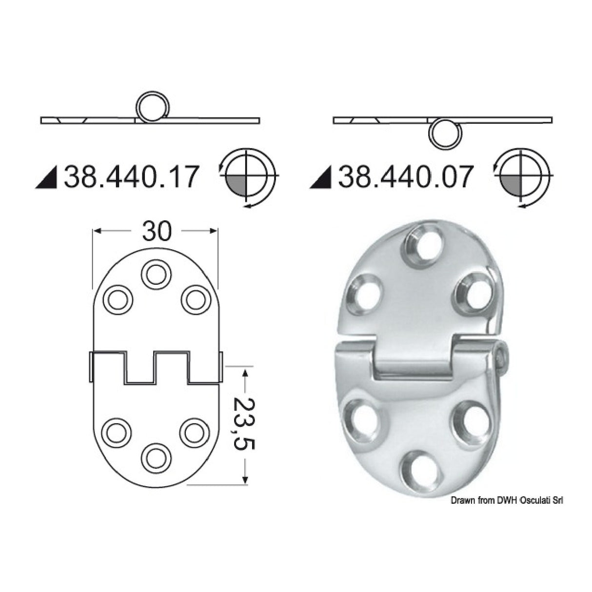 Bisagra empotrada de acero inoxidable Osculati 47x30 mm 38.440.07