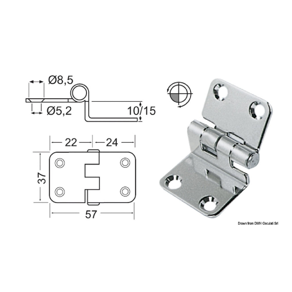 Bisagra de acero inoxidable Osculati 57x37x10 mm 38.441.55