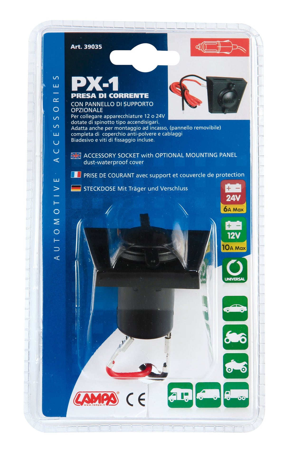 Lampa PX-1, kit presa corrente con pannello di supporto opzionale, 12/24V 39035
