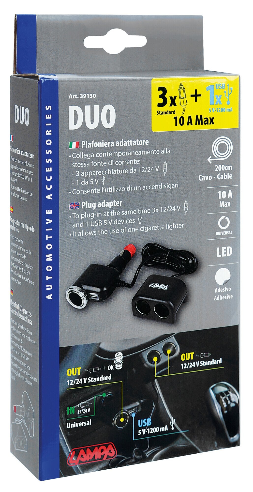Lampa Duo 3+1, presa accendisigari multipla con USB, 12/24V 39130