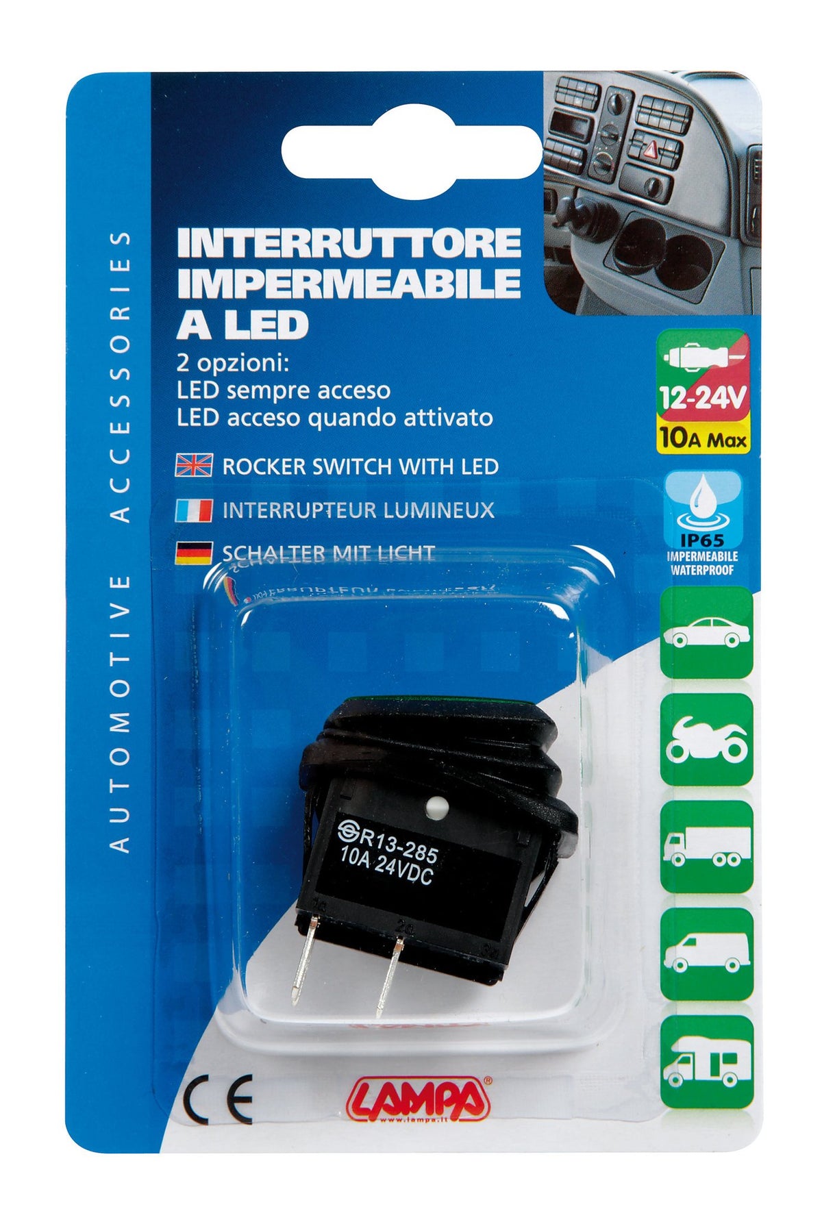 Lampa Interruttore impermeabile con spia a Led - 12/24V - Verde 45533