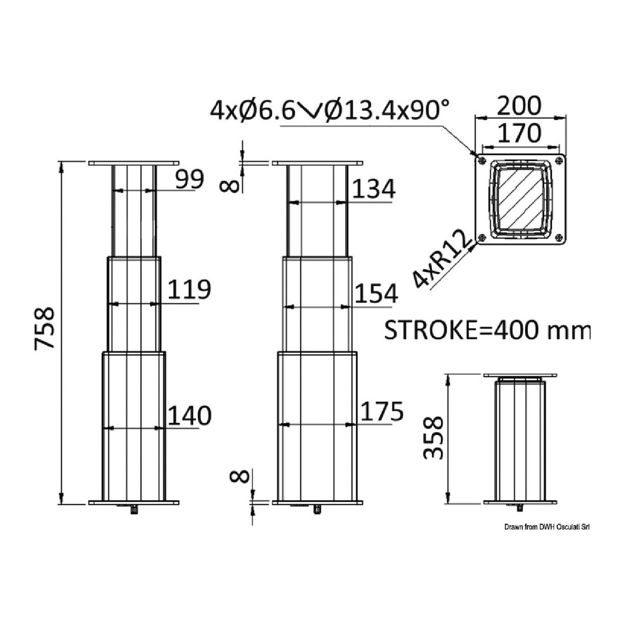 Osculati SQUARE-ALU elektrisches Tischbein 48.739.12