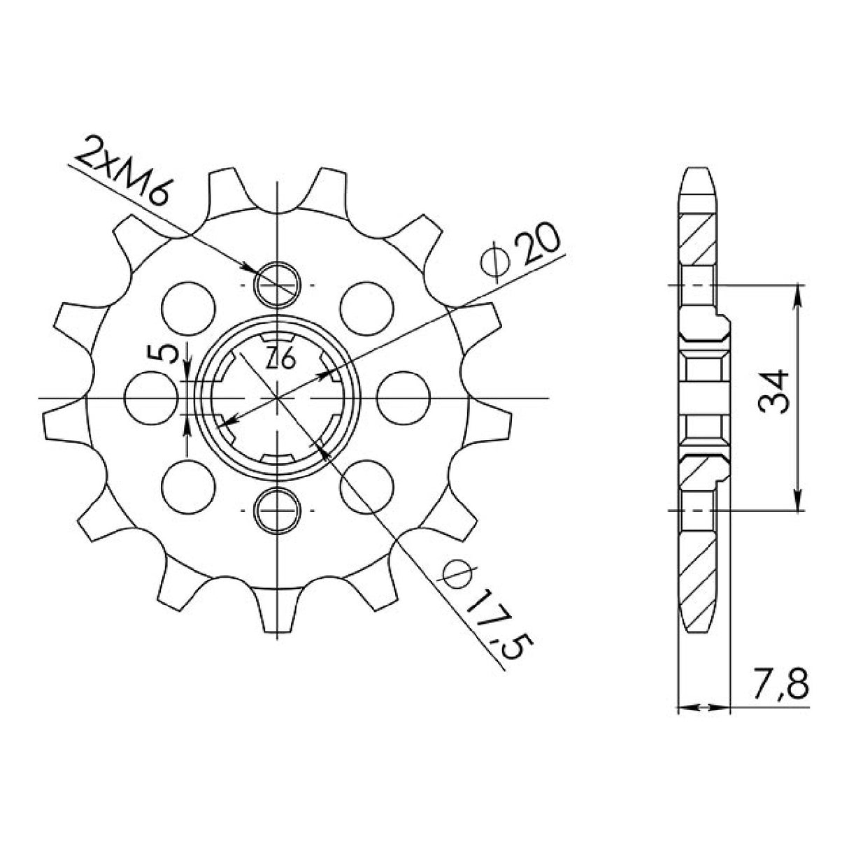 Stahlkettenrad, 14 Zähne, Teilung 520, passend für HONDA CRM R 125 cm³ 90/99