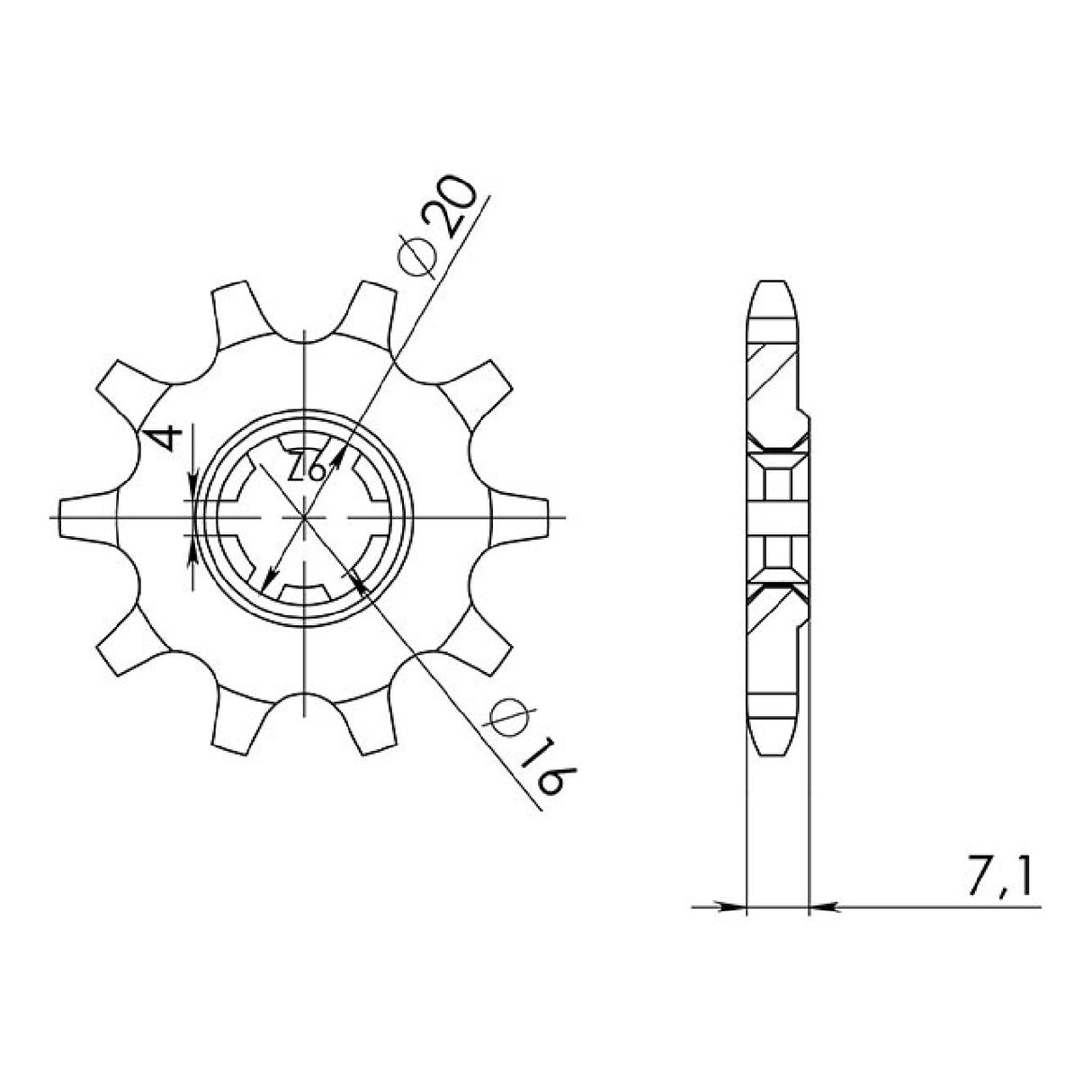 Stahlkettenrad, 10 Zähne, Teilung 520, KAWASAKI KFX (KSF) 80 cm³ 03/06