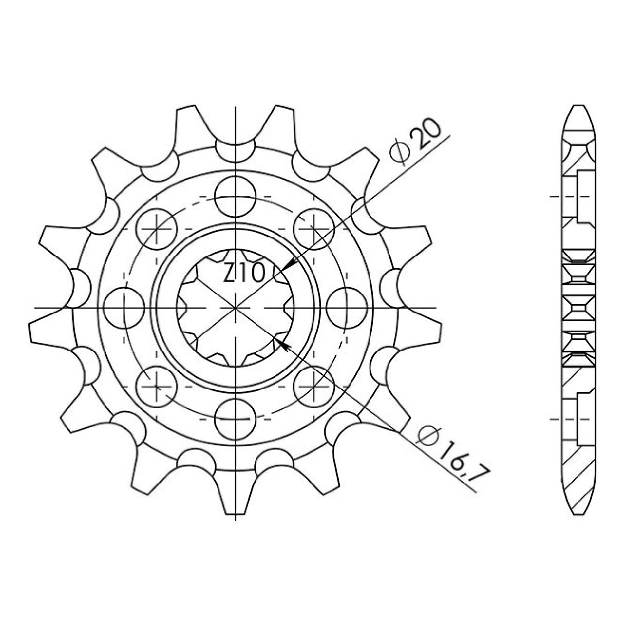 Stahlkettenrad, 13 Zähne, Teilung 520, KAWASAKI KX F 250 cm³ 04/05