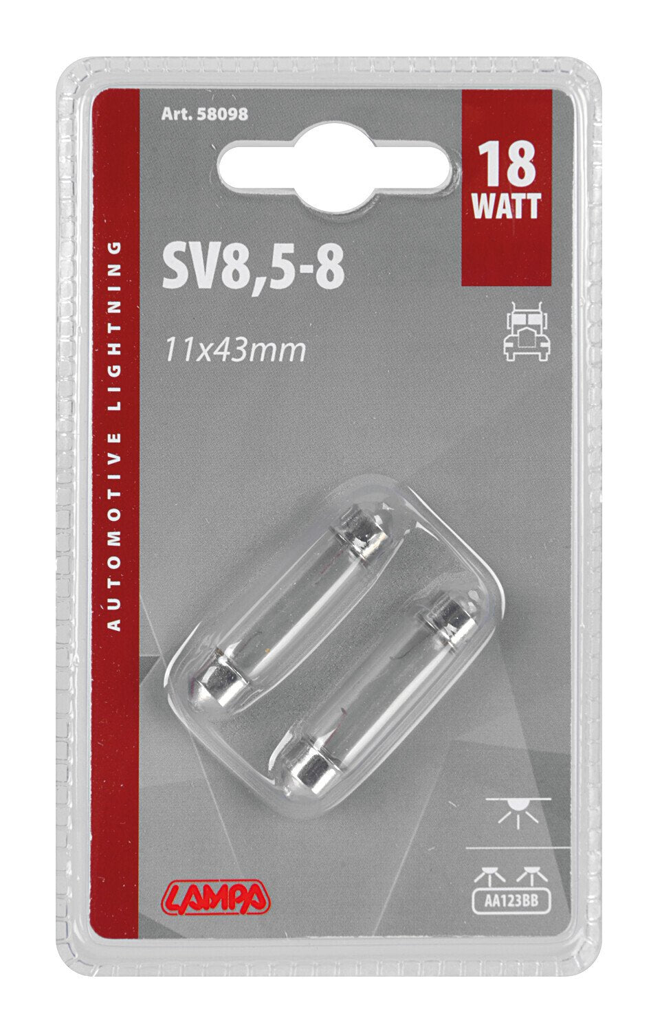 Lampa 24V Lampada siluro - 11x43 mm - 18W - SV8,5-8 - 2 pz - D/Blister 58098