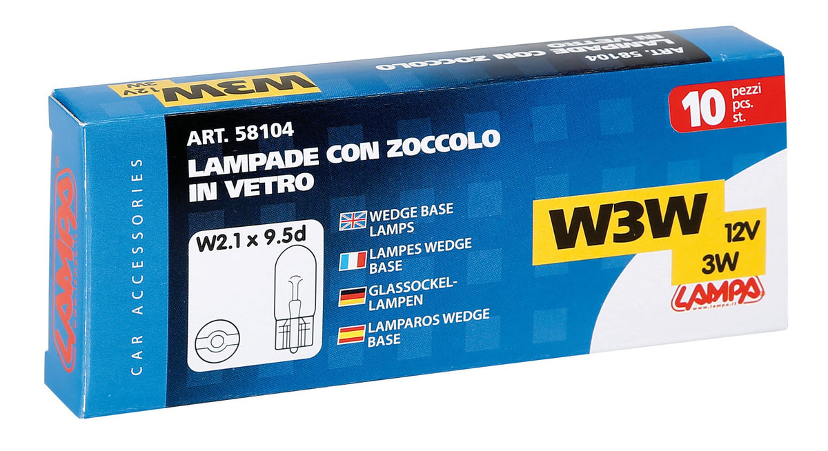 Lampa 12V Lampada con zoccolo vetro - W3W - 3W - W2,1x9,5d - 10 pz - Scatola 58104