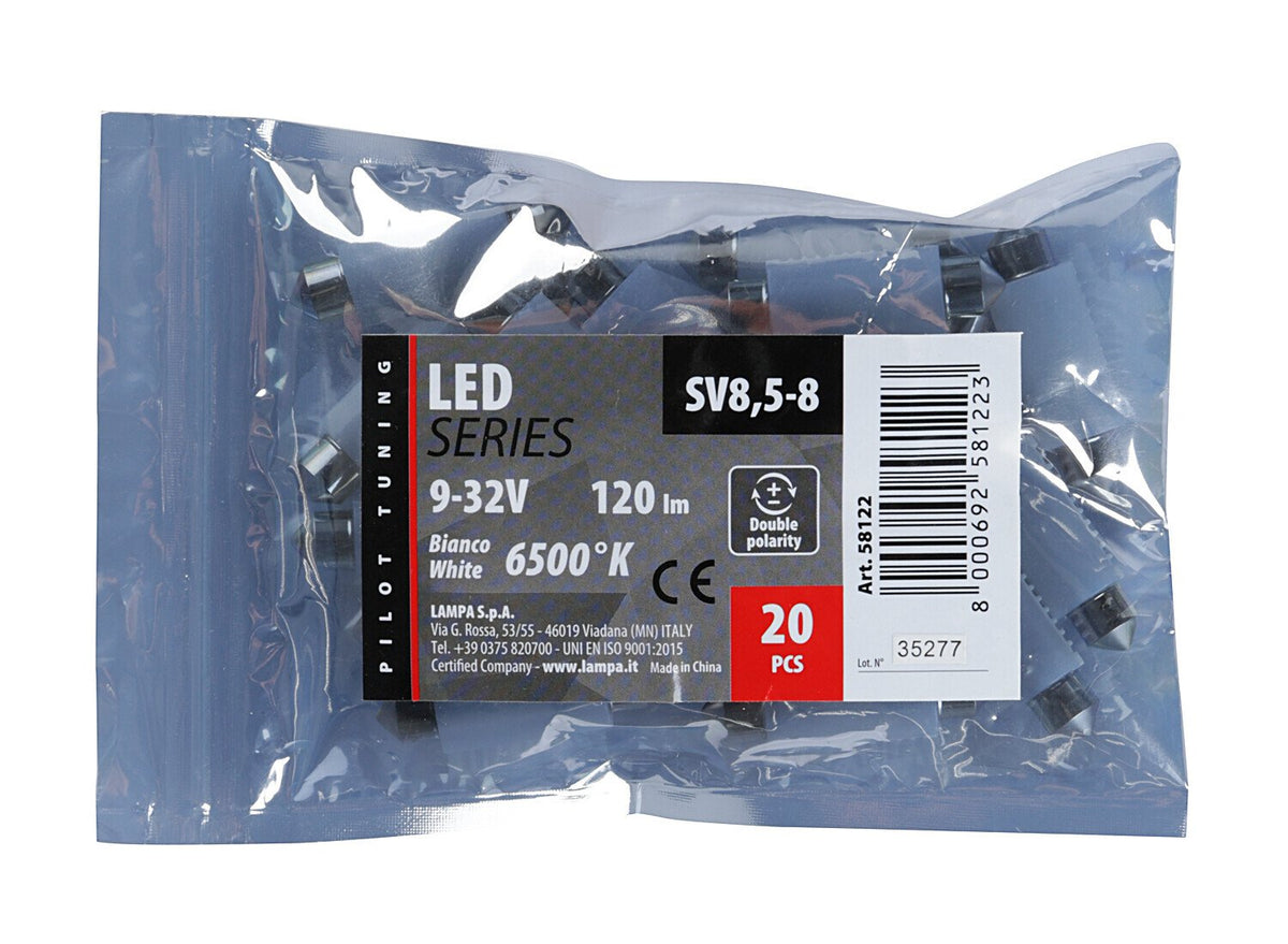 Pilot 9-32V Mega-Led 2 2 SMD x 1 chip 12x41 mm SV8,5-8 20pz Busta Bianco res inc