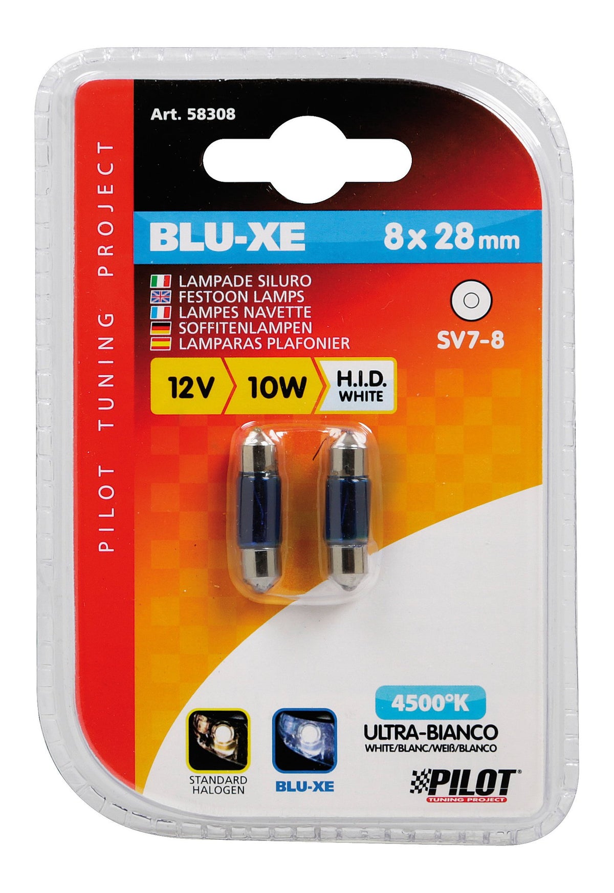 Pilot 12V Lampada siluro Blu-Xe - 8x28 mm - 10W - SV7-8 - 2 pz - D/Blister