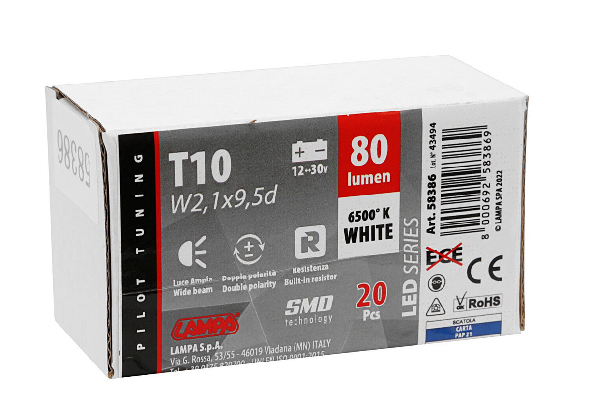Pilot 12/30V Led series - 5 Led SMD - (T10) - W2,1x9,5d - 20 pz - Scatola - Bianco - Doppia polarità - Resistenza incorporata
