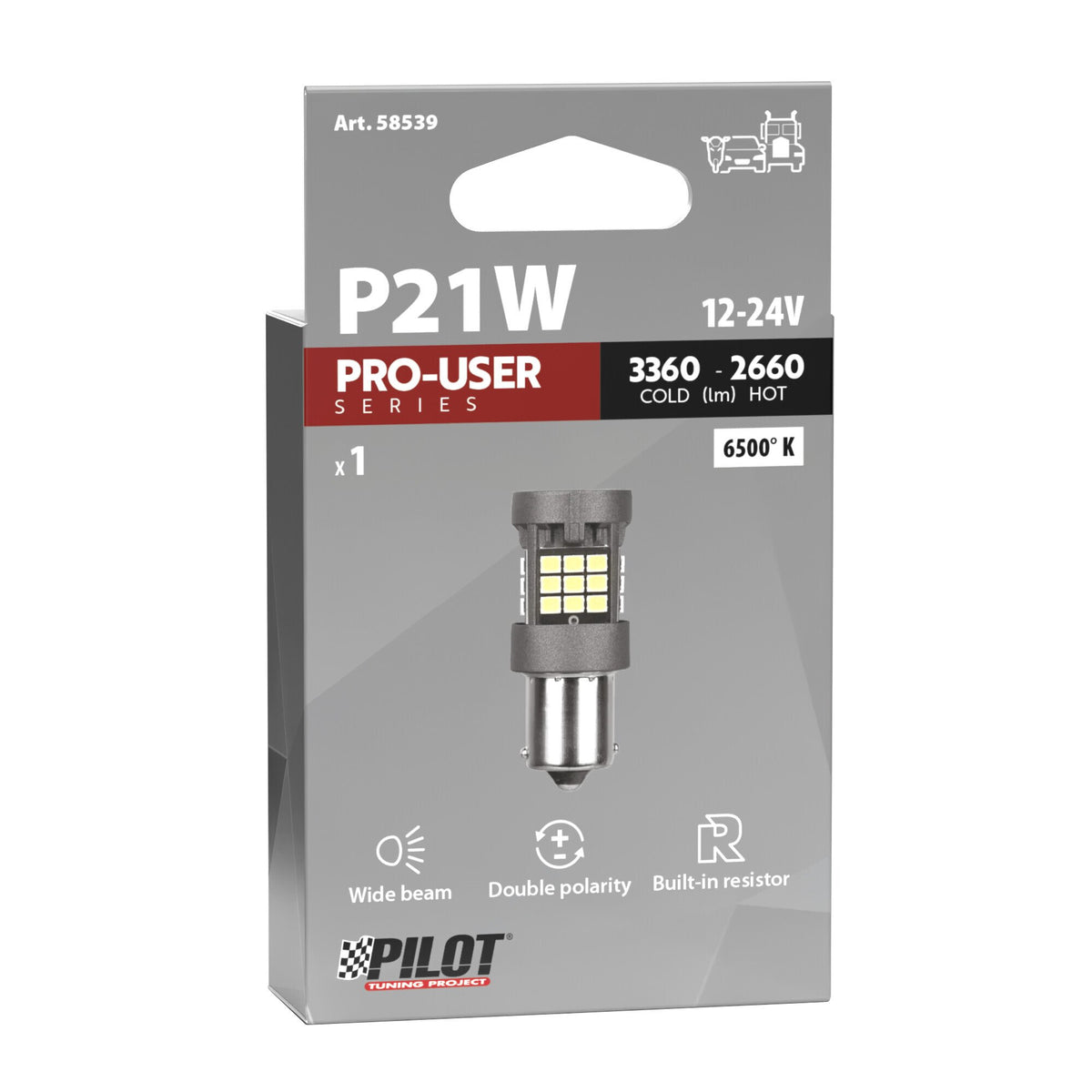 Pilot 12/24V Pro-User Series - (P21W) - BA15s - 1 pz - Scatola - Bianco - Doppia polarità - Resistenza incorporata