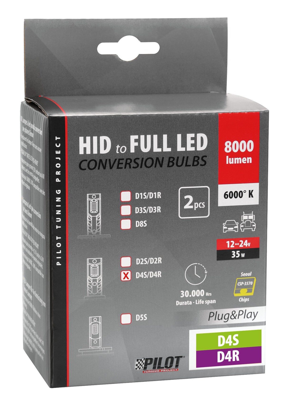 Pilot 12-24V Lampade a Led per conversione fari Xenon - (D4S-D4R) - 35W - 2 pz - Scatola