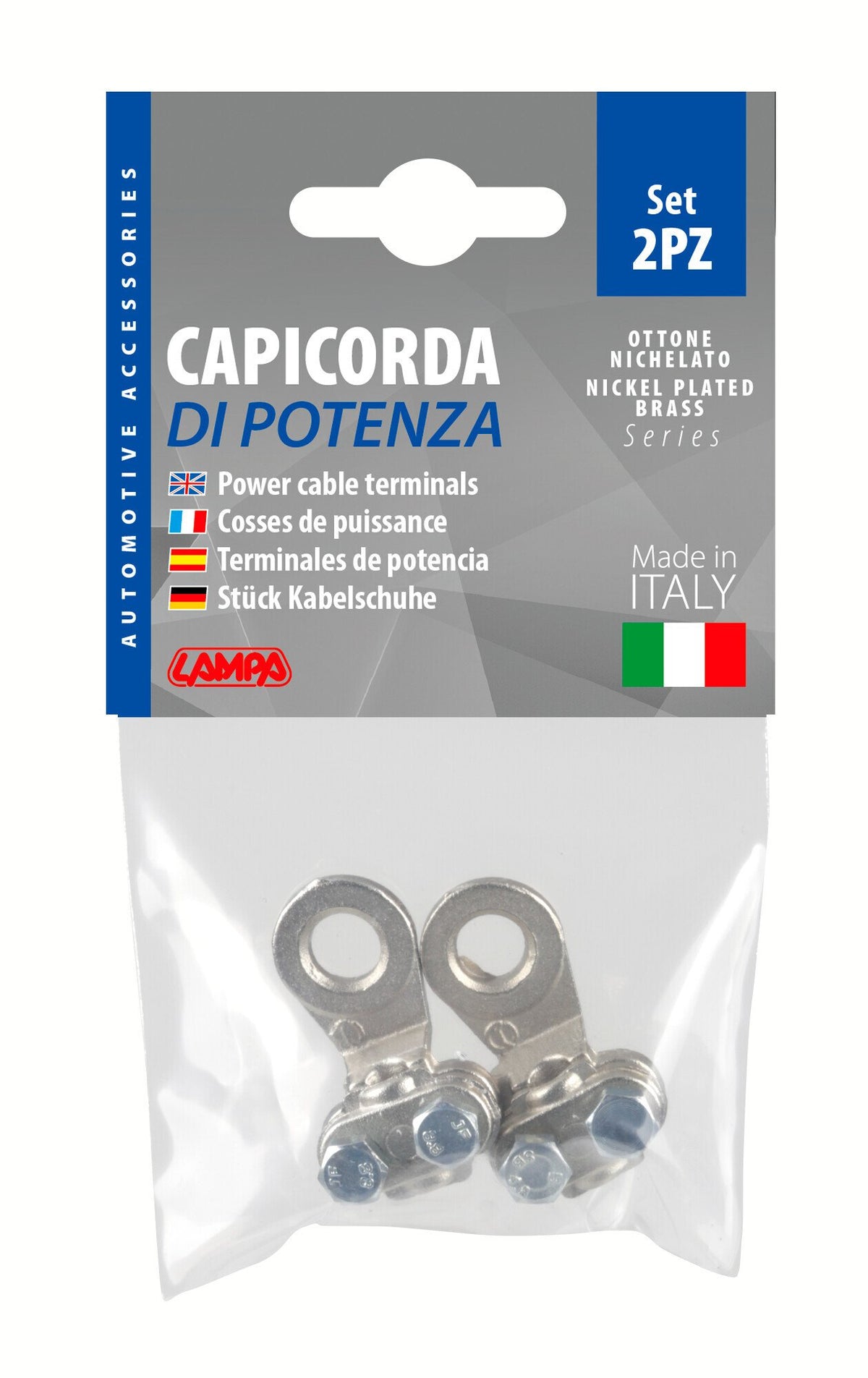 Lampa Set 2 pz capicorda di potenza in ottone nichelato, con fissaggio cavo a piastrina - Sezione 16 mm, foro 8 mm 69924