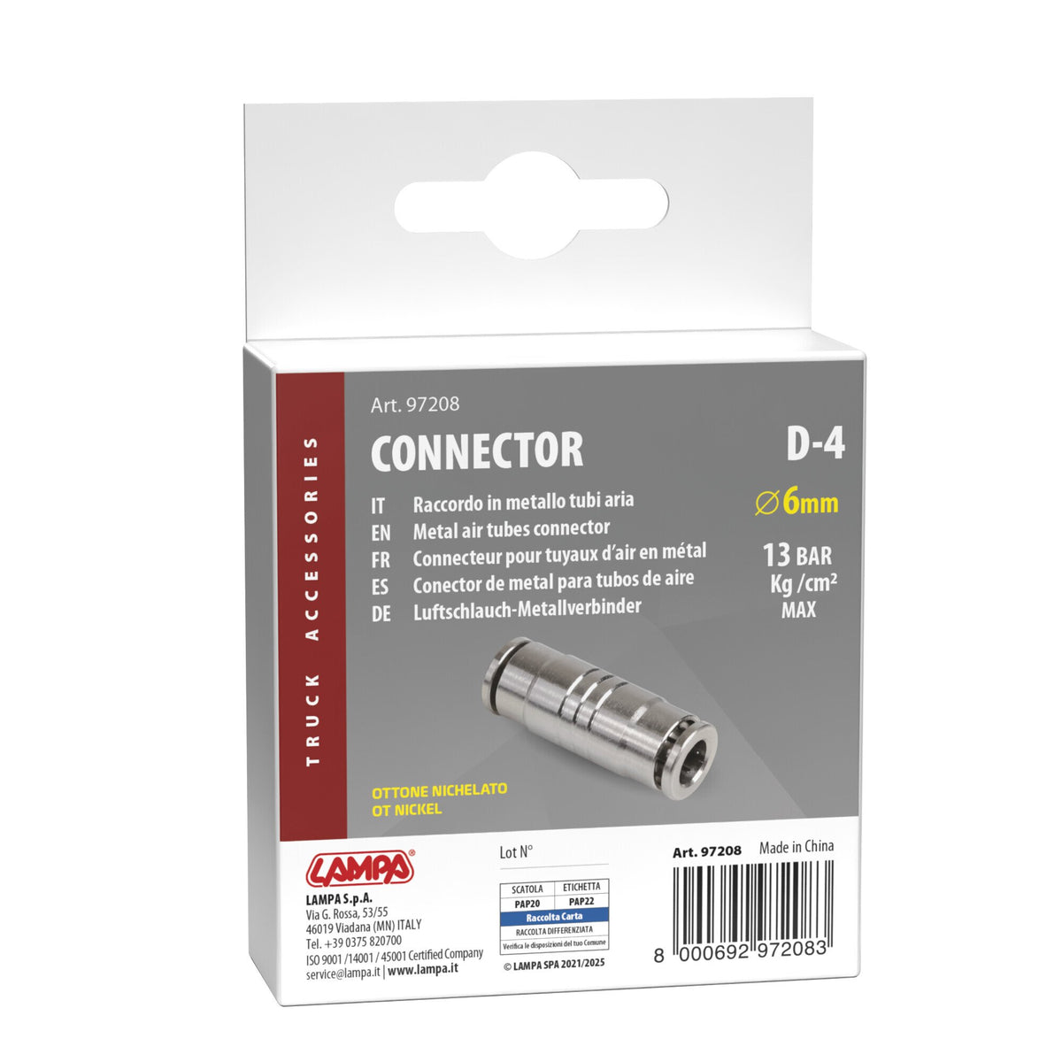 Lampa D-4 Raccordo Metallo per Tubi Aria Ø 6 mm