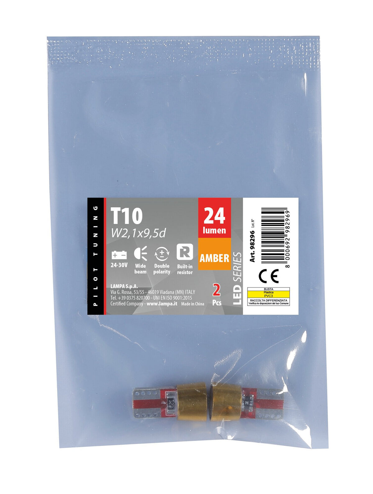 Pilot 24-30V Led series 6 Led SMD T10 W2,1x9,5d 2 pz Busta Arancio res. inc.