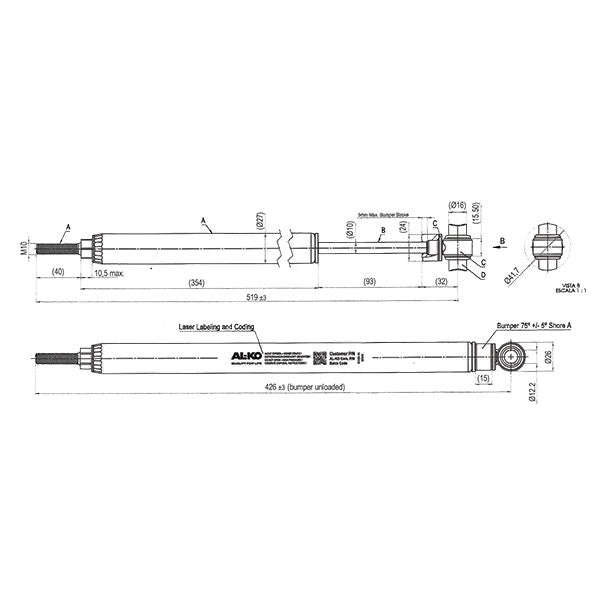 AL-KO Ammortizzatore E10 150V per Freno a Repulsore Caravan 519 mm AMM310