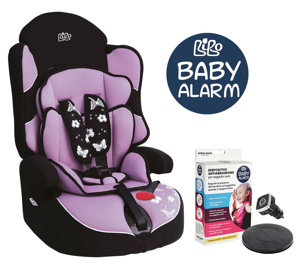 Bibo 1442ALARM Seggiolino con antiabbandono per bambini 9-36 kg mod. Bering lilla farfalle