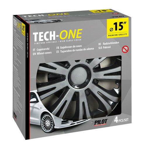 Pilot 4-teilige Radkappen – Lackiert Tech-One Avera Silber & Schwarz – 15 Zoll