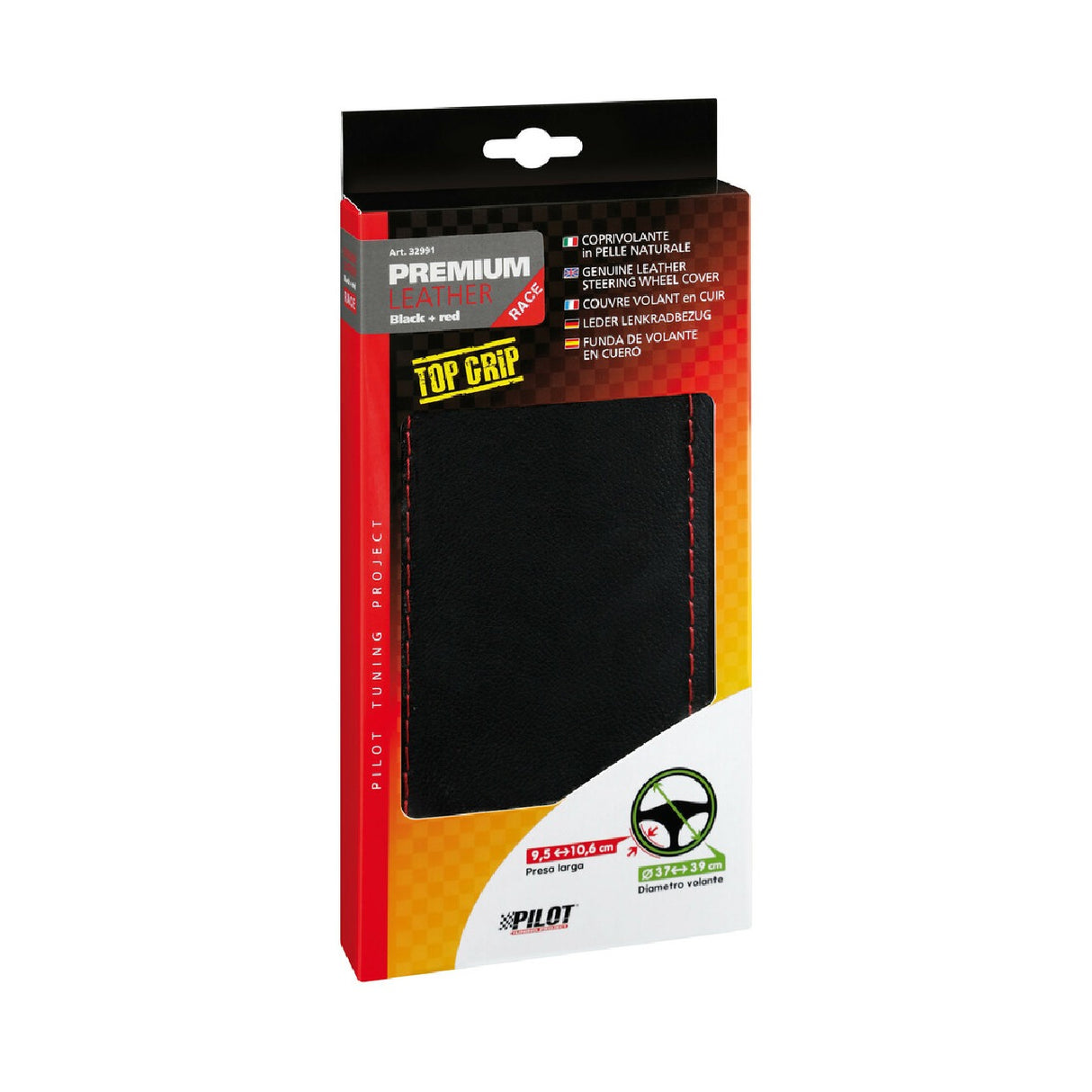 Pilot Premium Leather Steering Wheel Cover - L - 37/39 cm - Black/Red