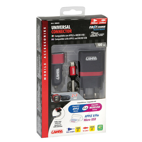 Lampa Kit 3 in 1 Universal (Apple 8 pin / Micro Usb) Fast Charge 12/24V + 230V