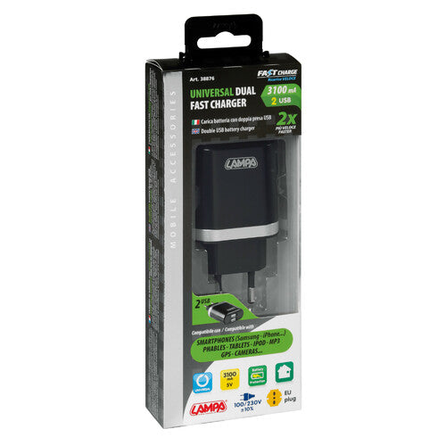 Cargador de red para lámpara con 2 puertos USB - Carga rápida - 3100 mA - 100/230 V 38876