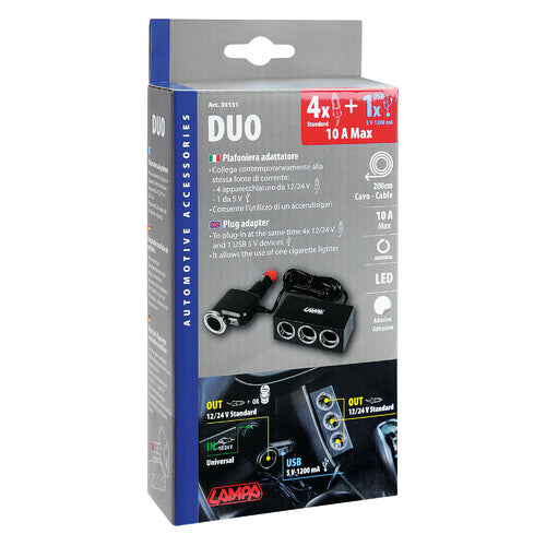 Lampa Duo 4+1, Mehrfach-Zigarettenanzünderbuchse mit USB, 12/24 V