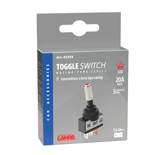 Racing type toggle switch, aluminum with LED indicator light 12/24V Red 20A
