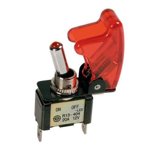 Lever switch with safety, aluminum with LED indicator light 12/24V Red 20A