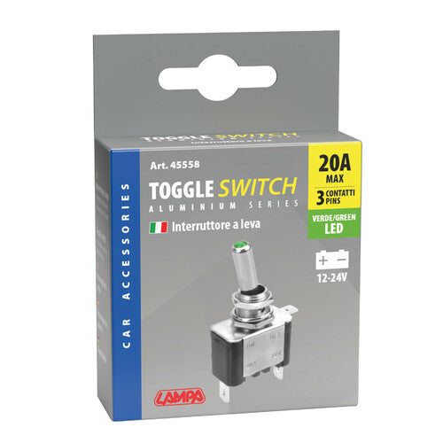 Lampa Interruttore a leva, in alluminio con spia a Led - 12/24V - Verde - 20A