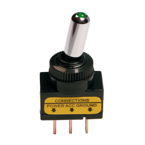 Rennsport-Kippschalter, Aluminium mit LED-Anzeigeleuchte, 12/24 V, Grün, 20 A, 45560