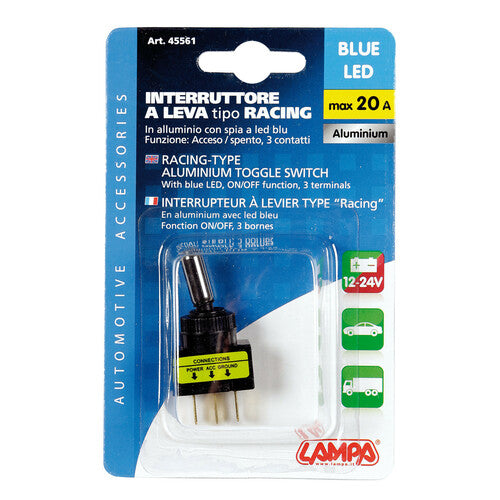 Interruttore a leva tipo Racing, in alluminio con spia a Led 12/24V Blu 20A