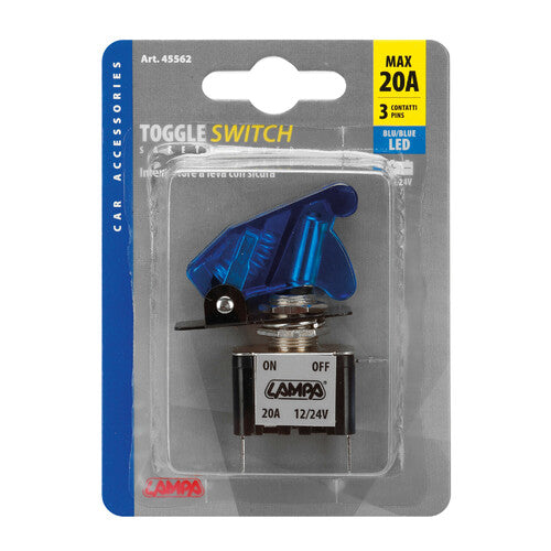 Lampa Interruttore a leva con sicura, in alluminio con spia a Led 12/24V Blu 20A