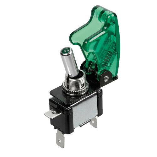 Interruttore a leva con sicura, in alluminio con spia a Led 12/24V Verde 20A 45563