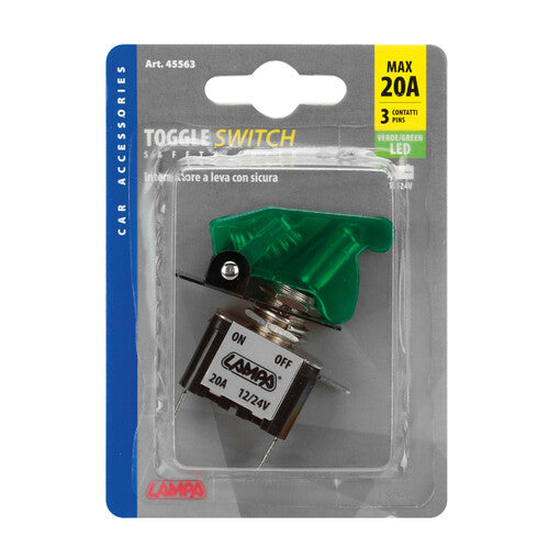 Interruttore a leva con sicura, in alluminio con spia a Led 12/24V Verde 20A 45563