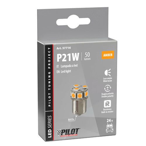 Pilot 24/32V Led series - 10 SMD x 1 chip - (P21W) - BA15s - 1 pz - Scatola - Arancio - Doppia polarità - Resistenza incorporata