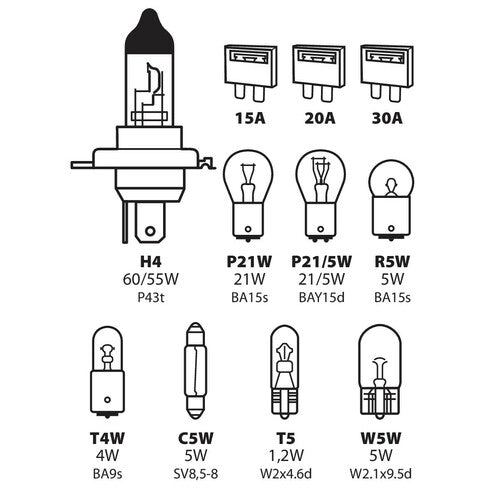 Kit de lámparas de repuesto (11 unidades), halógenas H4 - 12 V 58153