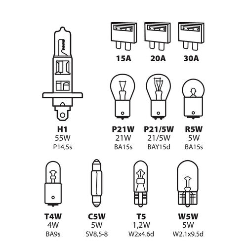 Lampen-Set, 11-teilig, Halogen H1 - 12V 58155