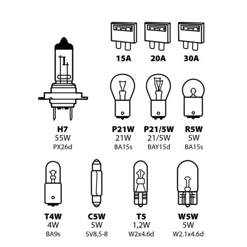 Kit de lámparas de repuesto (11 unidades), halógenas H7, 12 V, 58158