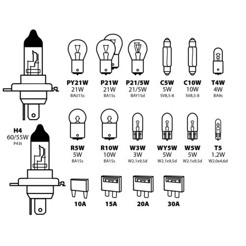 Kit de lámparas de repuesto (19 unidades), halógenas (2x H4 - 12 V) 58163