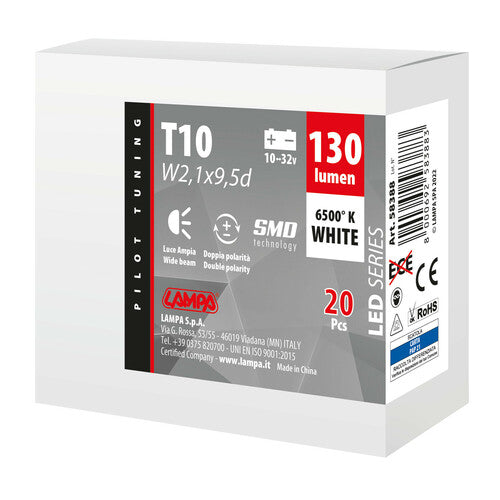 Pilot 10/32V Led Series 1 SMD x 1 chip - (T10) - W2,1x9,5d - 20 pz - Scatola - Bianco - Doppia polarità - Resistenza incorporata