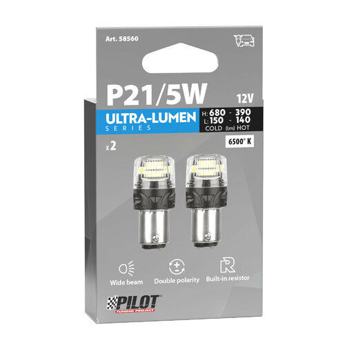 Pilot 12V Ultra-Lumen Series - (P21/5W) - BAY15d - 2 pz - Scatola - Bianco - Doppia polarità - Resistenza incorporata