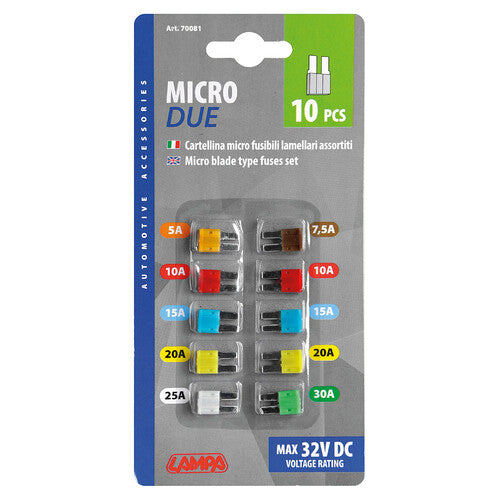 Lamp Set of 10 assorted Micro-Due blade fuses, 12/32V