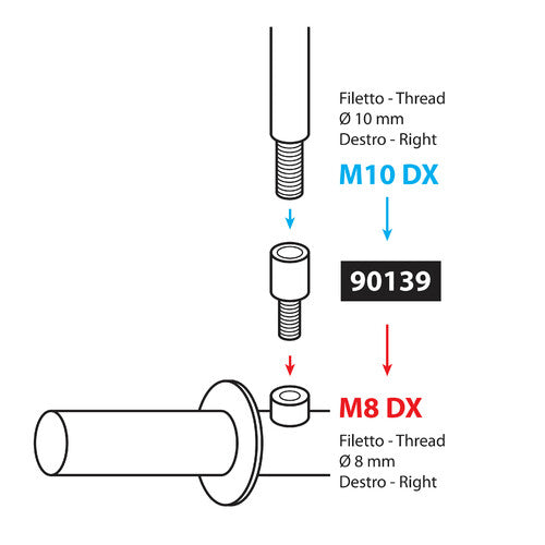 Adaptador de lámpara para retrovisores de motocicleta - Rosca 10 mm derecha > 8 mm derecha 90139