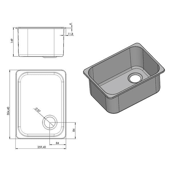 Stainless steel sink 355x260mm LVL401