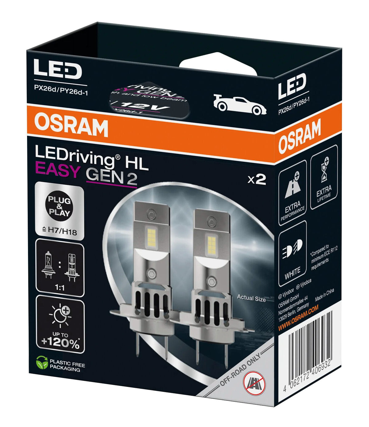 Osram 12V LEDriving HL Easy Gen2 - (H7/H18) - 16W - PX26d / PY26d-1 - 2 pz - Scatola