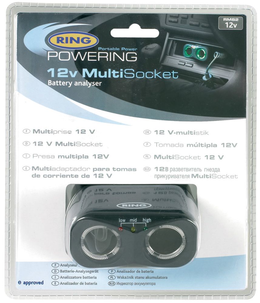 Toma de mechero doble Ring de 12 V y 8 A con comprobador de batería