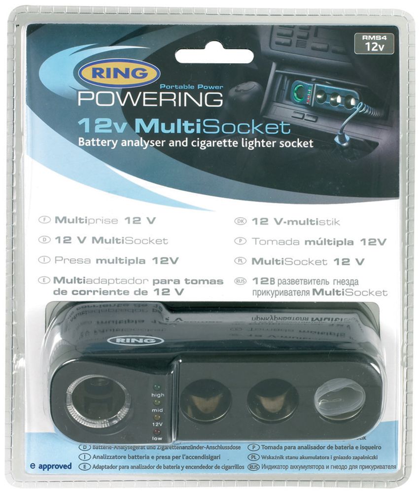 Toma de mechero cuádruple Ring de 12 V y 8 A con comprobador de batería
